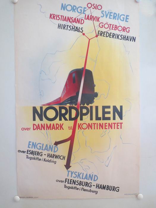 NORDPILEN over DANMARK til KONTINENTET - vintage poster